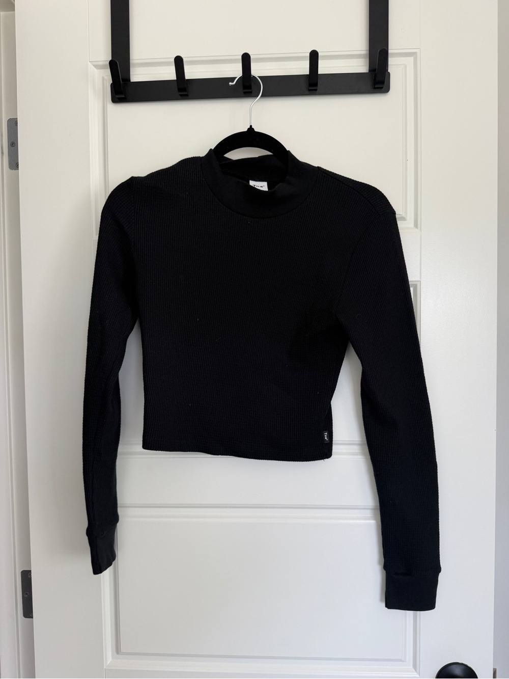 TNA Black Waffle Knit Cropped Long-Sleeve Top